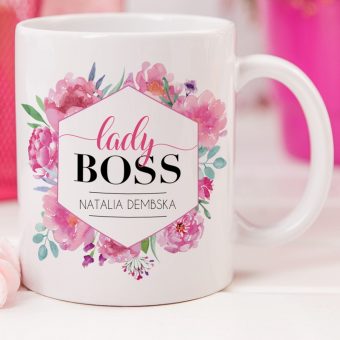 KUBEK w różowe delikatne kwiatki dla kobiety Lady Boss personalizowany