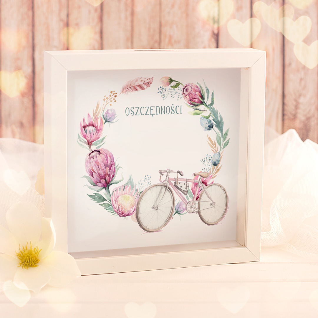 Skarbonka 3d z dekoracyjnym wiankiem z kwiatów i rowerem z miejscem na dedykację