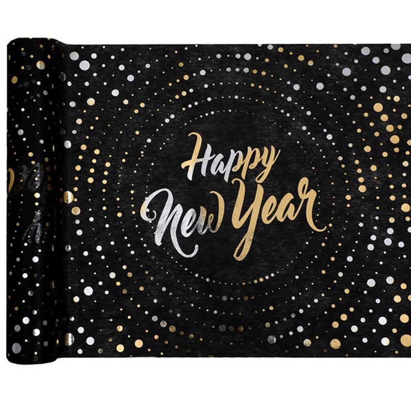 BIEŻNIK obrus czarny ze złotym napisem Happy New Year dekoracja sylwestrowa