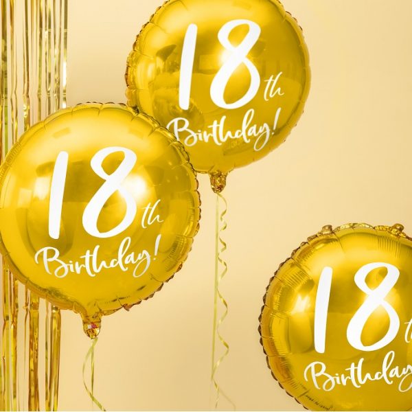 foliowy balon na 18 urodziny, metalizowany w pięknym w kolorze złotym, z białym napisem 18th Birthaday!