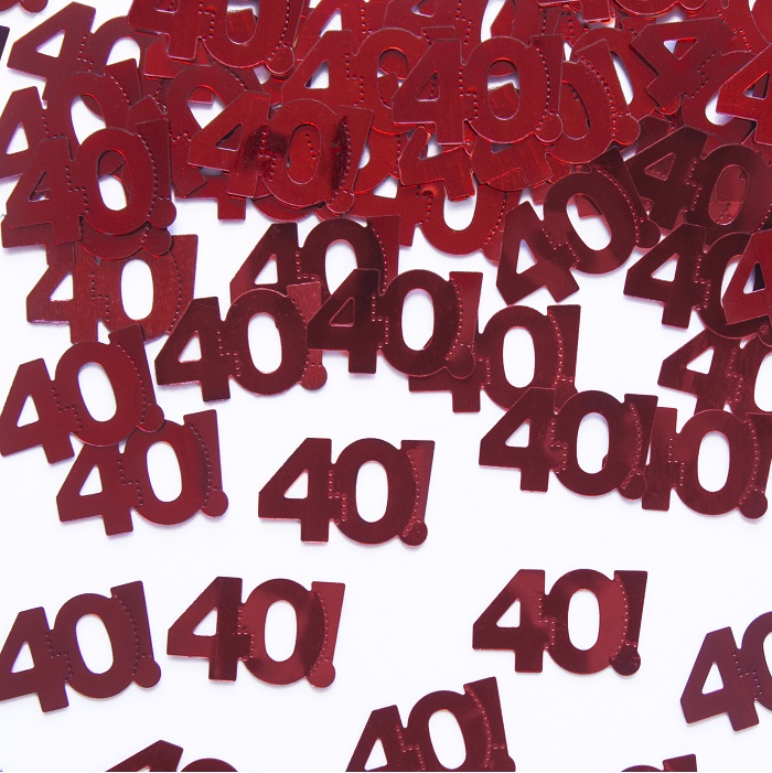 konfetti to idealna dekoracja uroczystego stołu na 40 urodziny, piękne, połyskujące czerwonym blaskiem cyfry 40