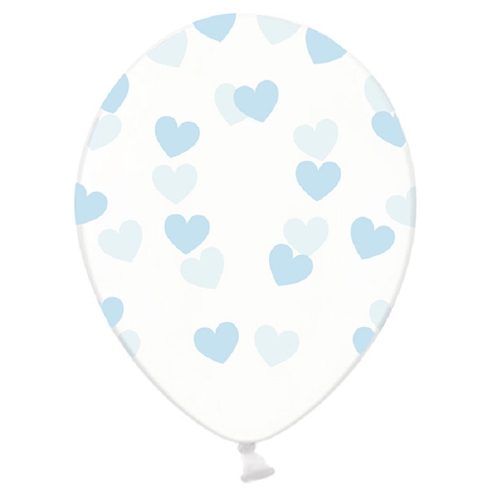 balony wykonane z lateksu Strong w kolorze Crystal Clear,  białe balony z błękitnym, pięciostronnym nadrukiem w kształcie serduszek
