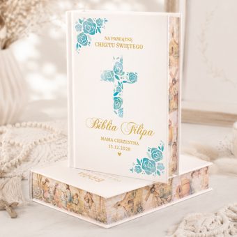 BIBLIA Prezent Na Chrzest Święty z Imieniem Niebieskie Kwiaty