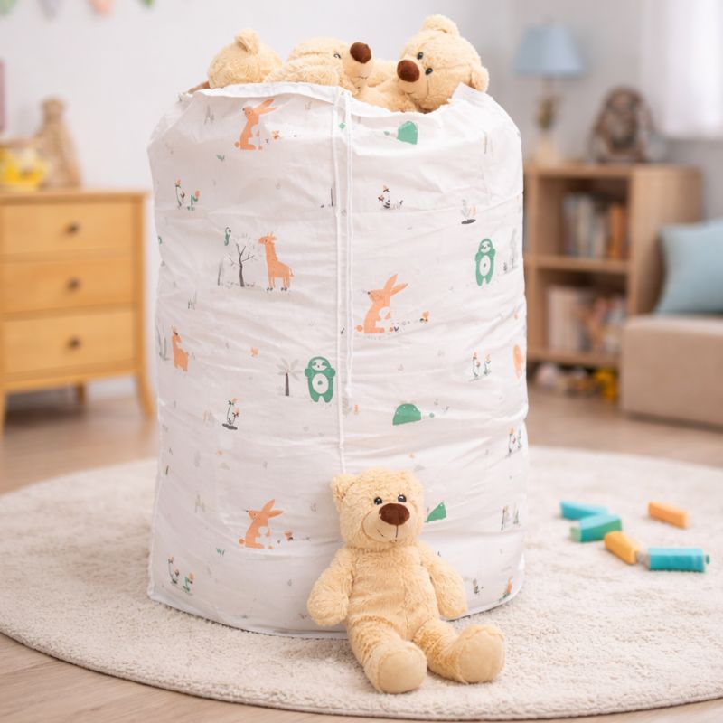 Skrzynia z pluszowymi misiami, w tym jeden na wierzchu, w kolorowym worku z rysunkami leśnych zwierząt.