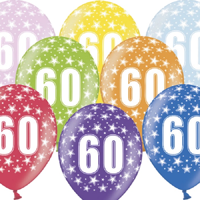Balony na 60 Urodziny, 30cm, Metallic Mix, 6 szt