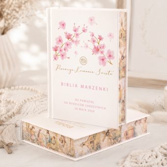 BIBLIA Prezent Na Komunię z IMIENIEM Różowe Magnolie