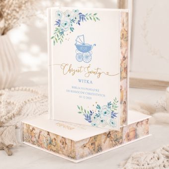 BIBLIA Prezent Na Chrzest św. z Imieniem Błękitny Wózek