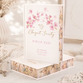 BIBLIA Prezent Na Chrzest z Personalizacją Różowe Magnolie