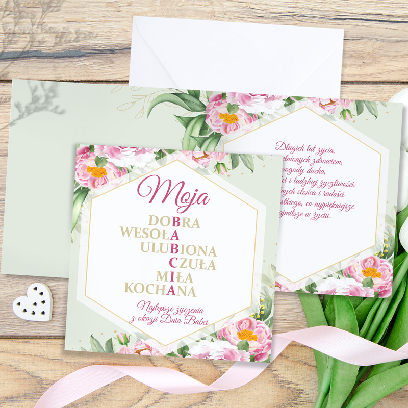 KARTKA z Życzeniami Na Dzień Babci Różowe Kwiatki +koperta