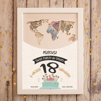 PREZENT Mapa Świata Personalizowana Na Pieniądze na 18 urodziny