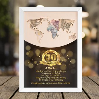 PLAKAT na okrągłe urodziny Mapa Świata Na Pieniądze Złoty Laur PERSONALIZOWANA