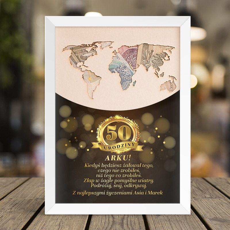 Zdjęcie w galerii - PLAKAT na okrągłe urodziny Mapa Świata Na Pieniądze Złoty Laur PERSONALIZOWANA