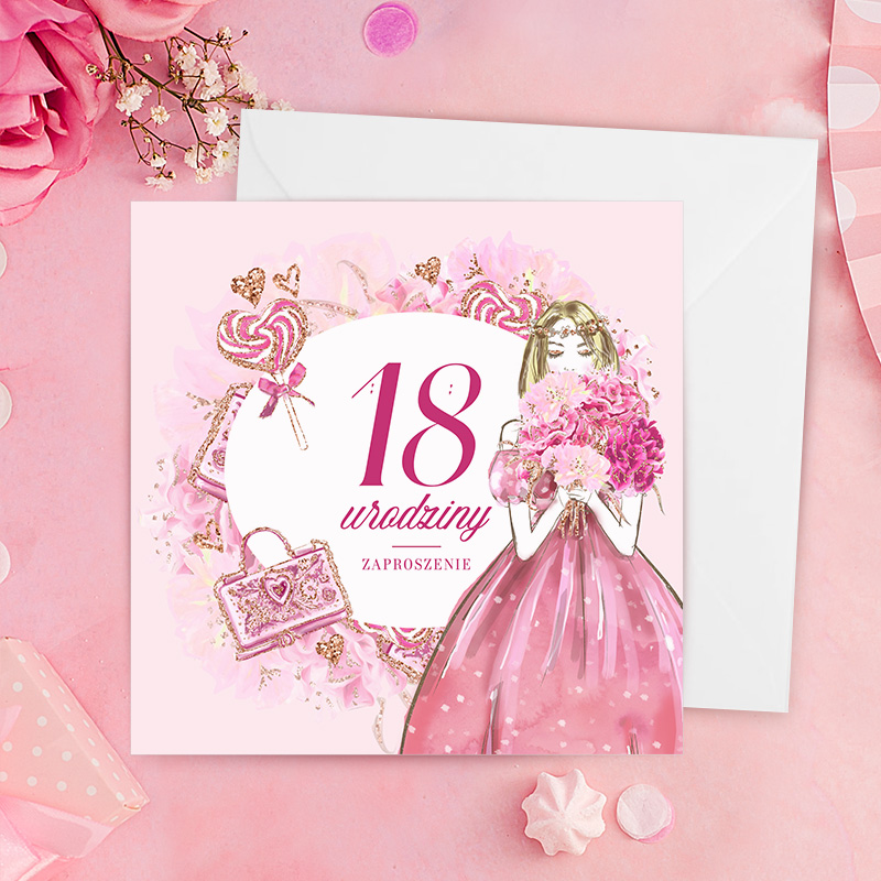 Zaproszenie na 18 urodziny z różową okładką i śliczną blond dziewczyną, która ma na sobie różową suknię i trzyma bukiet różowych kwiatów