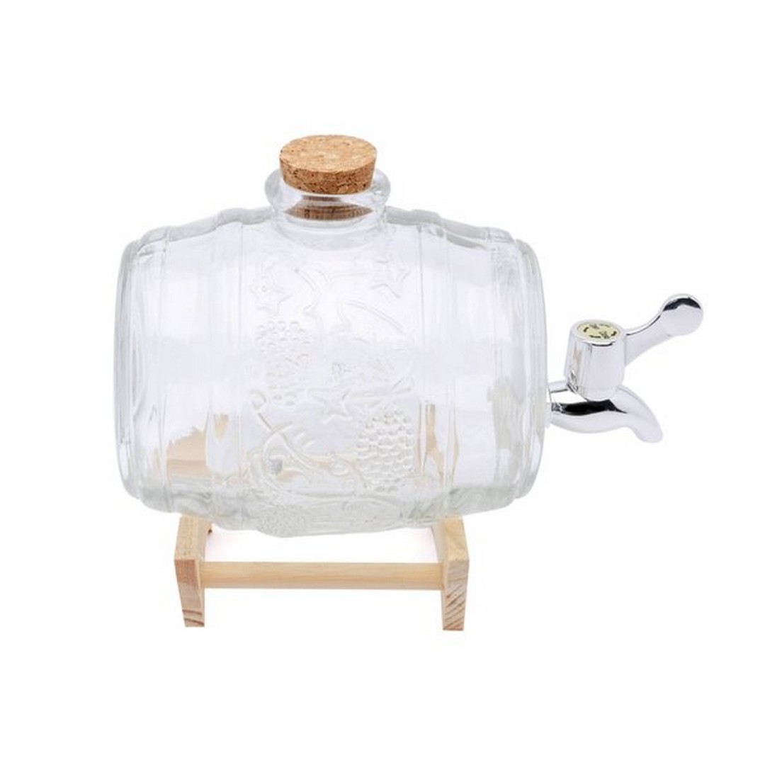 Zdjęcie w galerii - BECZKA na Alkohol szklana z kranikiem i korkiem na drewnianym stojaku