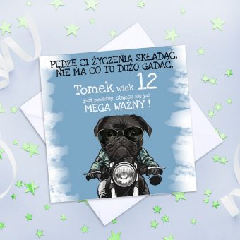 KARTKA urodzinowa Dla Nastolatka Buldog na Motorze PERSONALIZOWANA +koperta