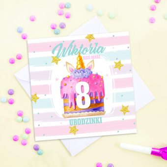 KARTKA urodzinowa Różowy Tort PERSONALIZOWANA +koperta
