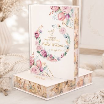 BIBLIA Prezent na Chrzest Św. Dream Flowers PERSONALIZOWANA