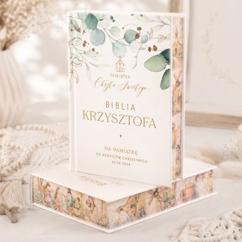 BIBLIA pamiątka Chrztu Świętego Liście Eukaliptusa