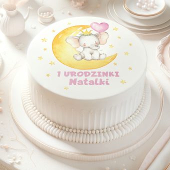 Opłatek na tort na urodziny dla dziewczynki Słonik i balonik PERSONALIZOWANY