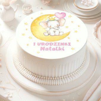 Opłatek na tort na urodziny dla dziewczynki Słonik i balonik PERSONALIZOWANY