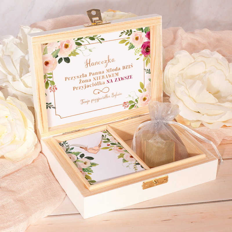 PREZENT dla Panny Młodej w Drewnianym Pudełku BRANSOLETKA Różowe Złoto z Grawerem Subtelne Kwiaty