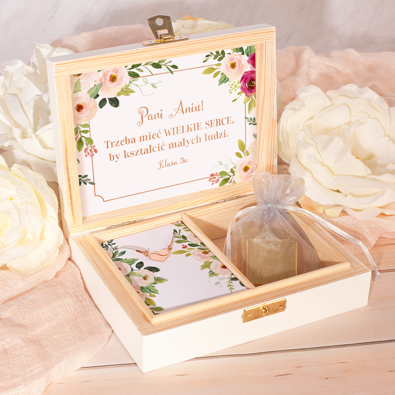 PREZENT Dla Nauczycielki W Drewnianym Pudełku BRANSOLETKA Różowe Złoto Z Grawerem Subtelne Kwiaty