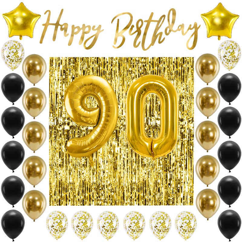 Dekoracje na okrągłe urodziny do wyboru, na 30, 40, 50, 60, 70, 80, 90. Zestaw Składa się z balonów złotych, czarnych, transparentnych z konfetti, złotej kurtyny i baneru z napisem happy birthday.