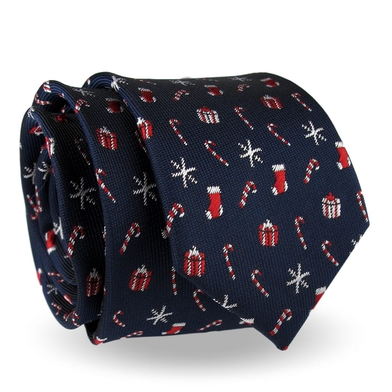 Krawat granatowy świąteczny dla mężczyzny z haftami w świąteczne symbole.