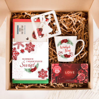 MEGA PREZENT Świąteczny Migdały w czekoladzie kubek i herbata w pudełku