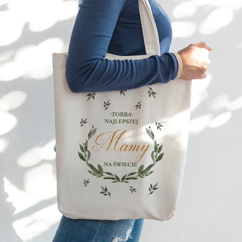 Jakie życzenia na dzień matki – ciekawe propozycje, beżowa torba zielony wianek