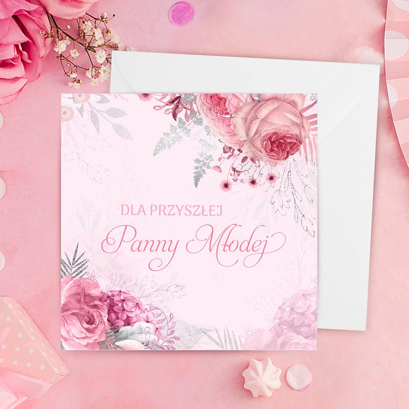 Kartka z życzeniami na wieczór panieński dla przyszłej panny młodej z różową okładką w kwiaty.