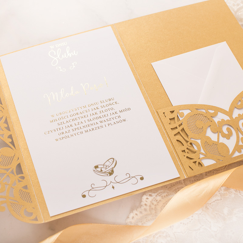 Zdjęcie w galerii - KARTKA ażurowa złocona z życzeniami prezent na ślub