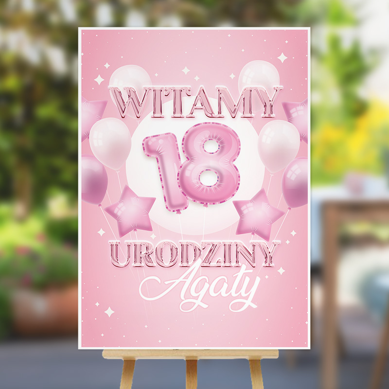 Plakat na 18 powitanie gości z motywem balonów na różowym tle. Imprezowa dekoracja na przyjęcie urodzinowe.
