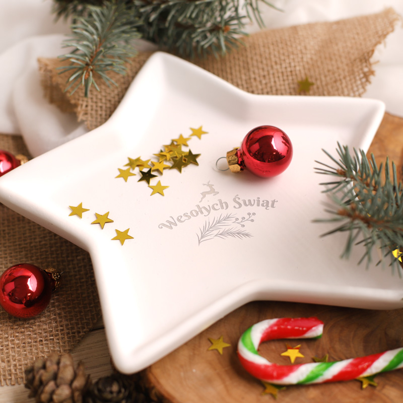 talerzyk świąteczny gwiazdka z grawerowanym napisem Wesołych Świąt