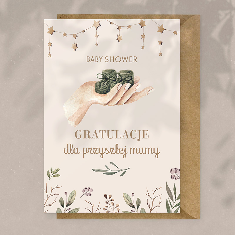 Kartka z życzeniami na baby shower. Personalizowany prezent na bociankowe dla przyszłej mamy.