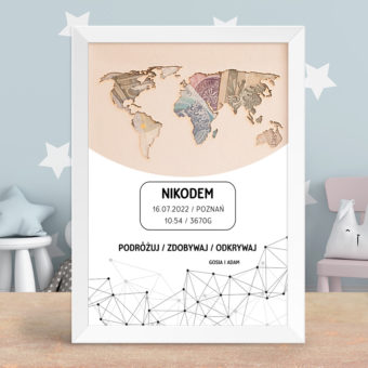 PLAKAT w ramce z Mapą Świata na pieniądze Oryginalny prezent z okazji narodzin
