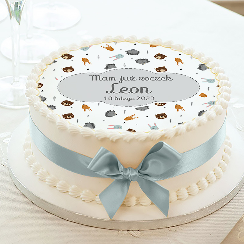 Opłatek na tort na urodziny dziecka. Personalizowana dekoracja tortu urodzinowego z motywem zwierzątek.