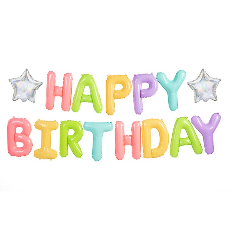 Napis z balonów Happy Birthday kolorowe litery i gwiazdki