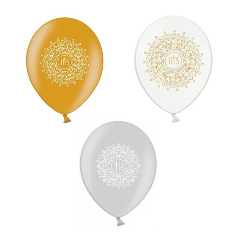 Komunijne balony złote, białe i srebrne. Dekoracja sali komunijnej.