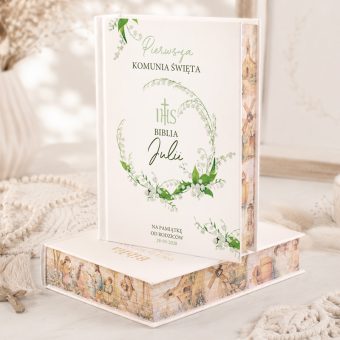 BIBLIA Pamiątka komunijna dla dziecka Majowa Konwalia