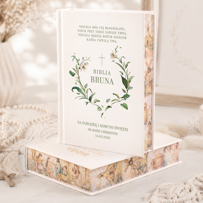 Biblia z ozdobną okładką, z napisem "Biblia Bruna" oraz tekstem modlitwy, otoczona delikatnym wzorem roślinnym.