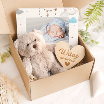 ZESTAW prezentów dla noworodka Witaj na świecie maluszku Ramka foto i pluszak