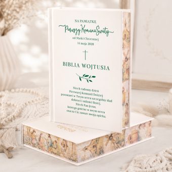BIBLIA prezent i pamiątka na Komunię Św. Butelkowa Zieleń