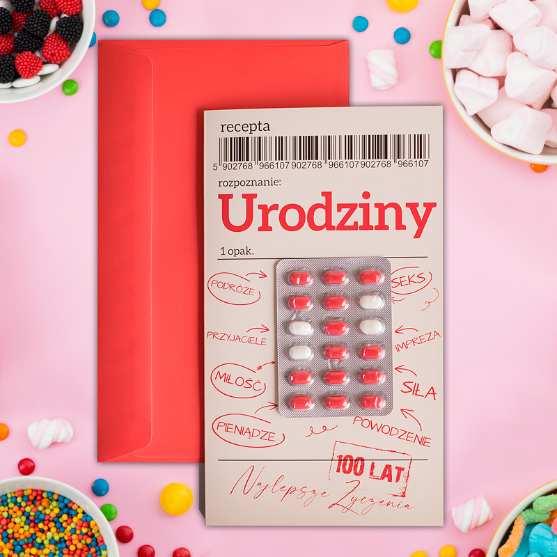 KARTKA urodzinowa z drażetkami w kształcie tabletek zabawny prezent
