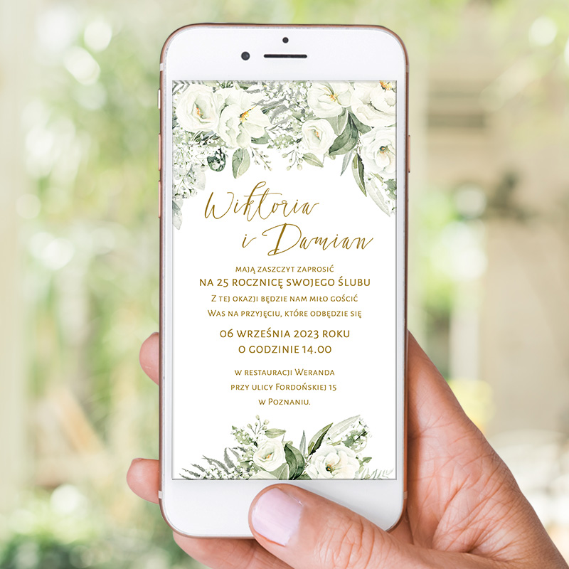 ZAPROSZENIE zawiadomienie elektroniczne na rocznicę ślubu Białe Kwiaty