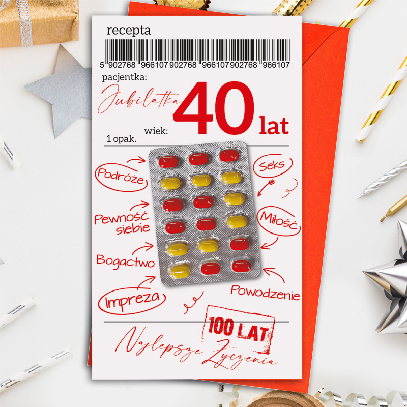 Zdjęcie w galerii - KARTKA na 30 40 50 urodziny Śmieszna recepta z drażetkami jak tabletki
