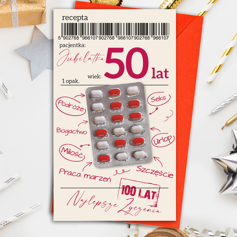 Zdjęcie w galerii - KARTKA na 30 40 50 urodziny Śmieszna recepta z drażetkami jak tabletki