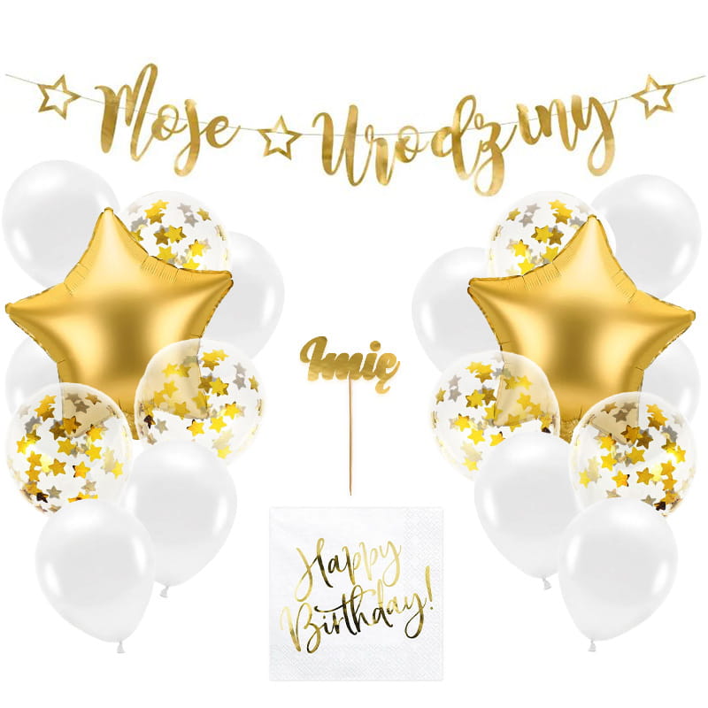 ZESTAW dekoracji na urodziny biało-złote ozdoby (balony serwetki topper baner)