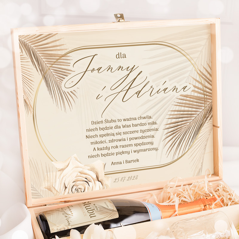 Zdjęcie w galerii - ZESTAW prezentowy dla małżeństwa Skrzynia z kieliszkami i szampanem