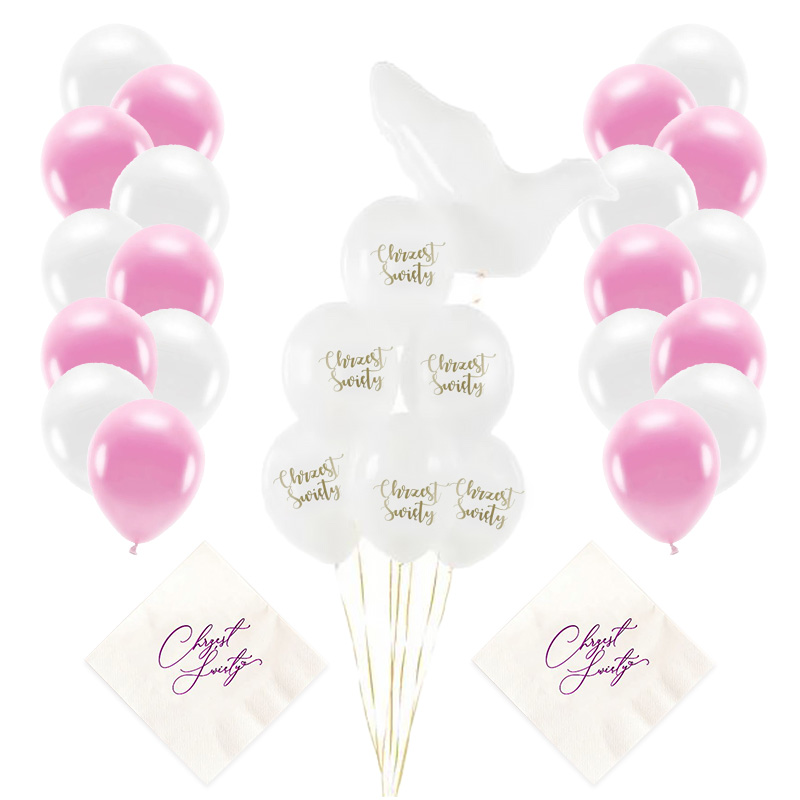 Gotowe dekoracje na chrzest dziewczynki - zestaw z balonami i serwetkami